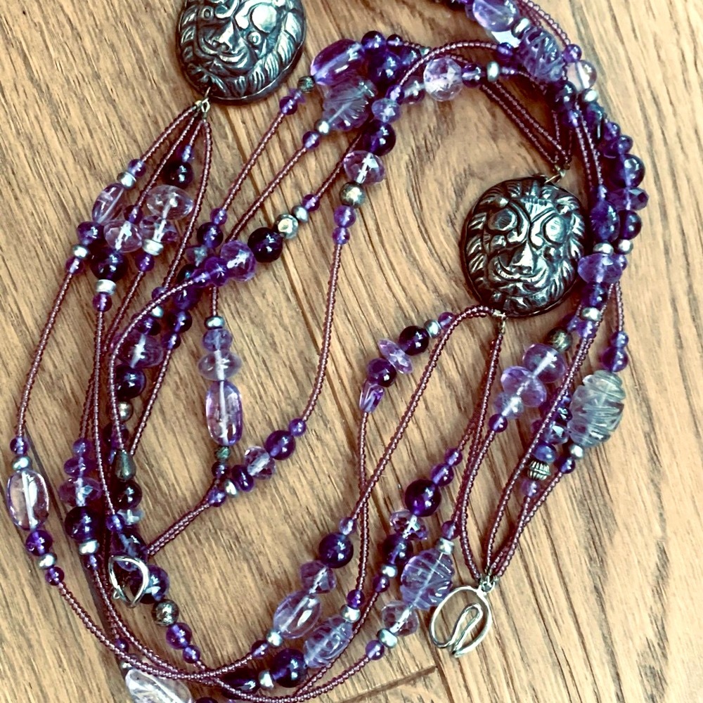 Vintage Lavender Glass Bead Necklace With Silver Pendants